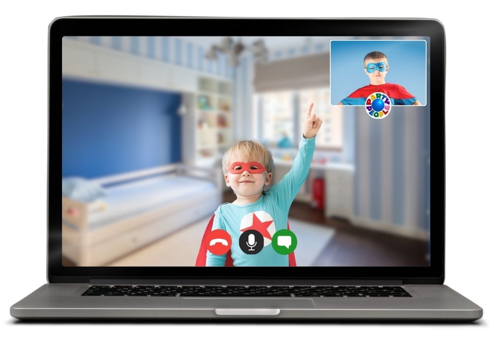 A laptop showing a child in a superhero costume, ready for a virtual costume party.