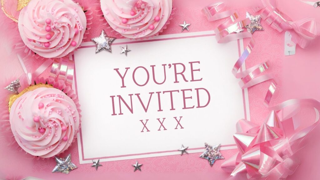 Creative pink party invitation with cupcakes, ribbons, and bows, featuring 'You're Invited' in bold text, setting the tone for a unique celebration.