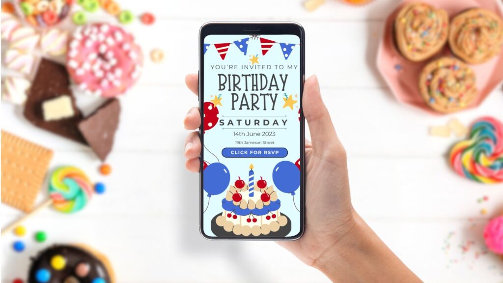 Person holding a smartphone displaying a colourful digital birthday party invitation with balloons and cake design.