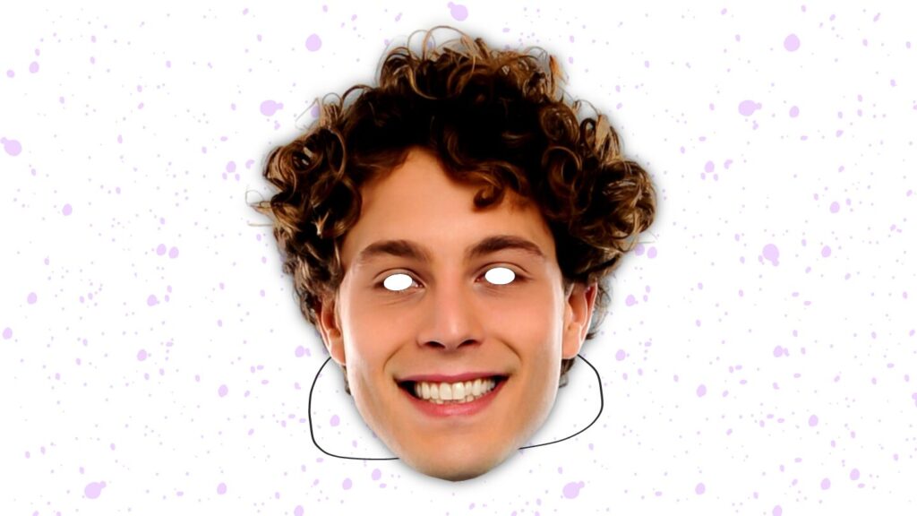 A personalised face mask featuring a smiling young man with curly hair, showing how custom masks add fun to events.