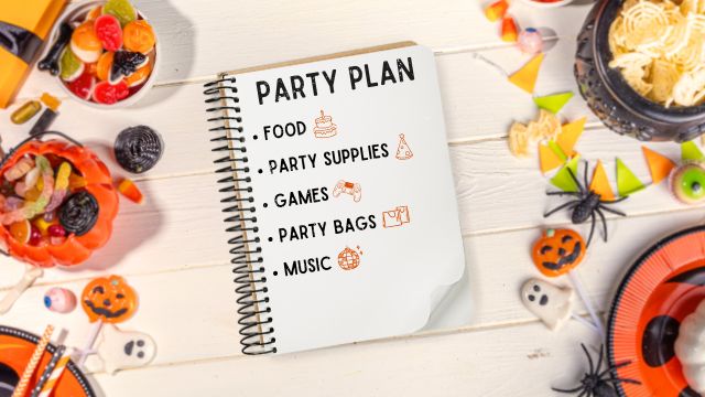 Party planning checklist with food, supplies, games, party bags, and music written in a notebook surrounded by party decorations.