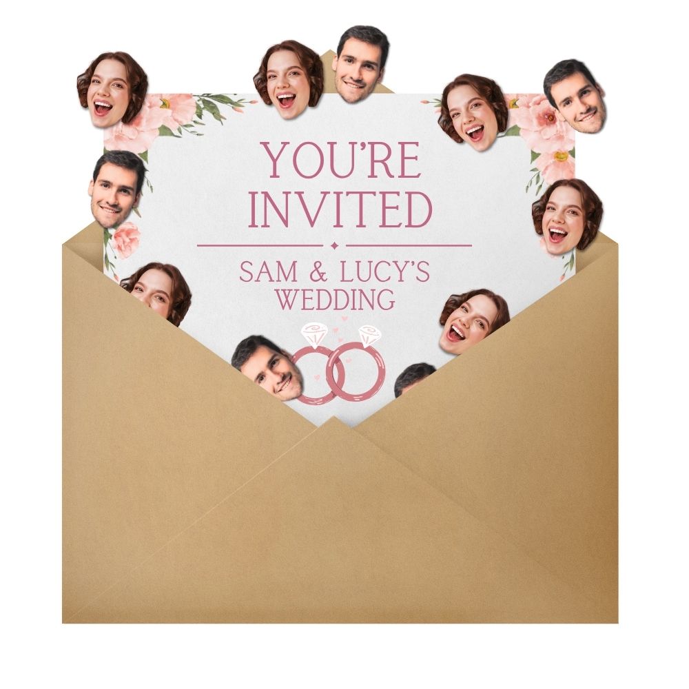 Personalised face confetti spilling out of an invitation envelope, adding a playful and unexpected surprise for guests.