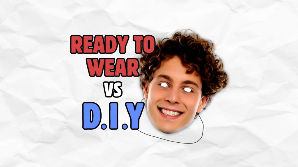 A man wearing a personalised face mask with 'Ready to Wear vs DIY' written across the image.