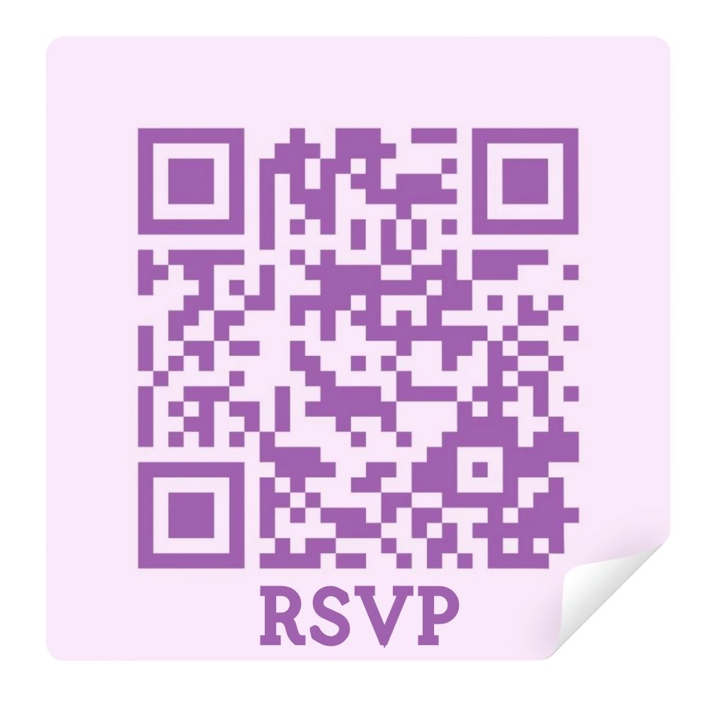 RSVP QR code sticker in purple, designed to simplify the invitation process by allowing guests to easily confirm attendance with a quick scan.