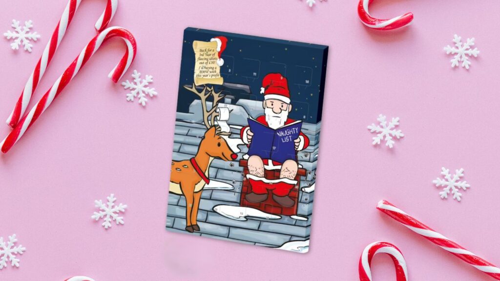 Rude Christmas Advent Calendar with cheeky Santa and reindeer design.